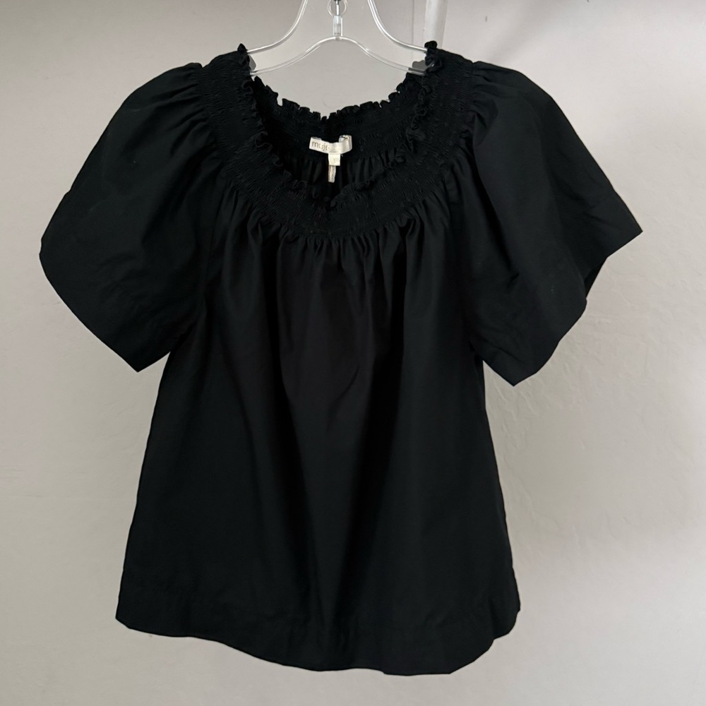 Maje Black Cotton Smocked Peasant Blouse size 1 Small